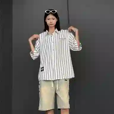 星际者 简约翻领单排扣短袖衬衣直筒宽松垂感长裤衬衫套装 男女同款
