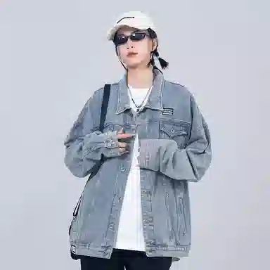 星际者 水洗翻领字母几何图案印花宽松休闲牛仔外套 男女同款 磨白蓝