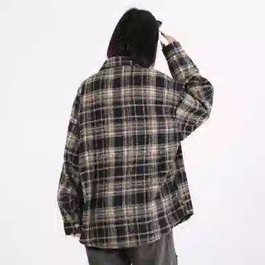 星际者 基础款美式高街简约复古毛呢格子宽松休闲透气百搭长袖小香风衬衫 男女同款