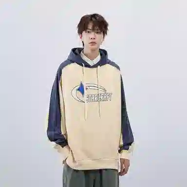 星际者 字母印花双抽绳拼接撞色休闲连帽卫衣 男女同款