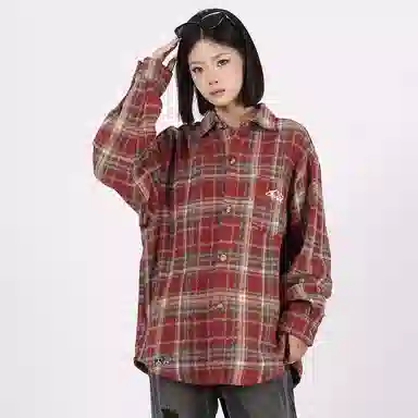 星际者 基础款美式高街简约复古毛呢格子宽松休闲透气百搭长袖小香风衬衫 男女同款