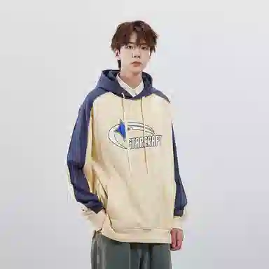 星际者 字母印花双抽绳拼接撞色休闲连帽卫衣 男女同款
