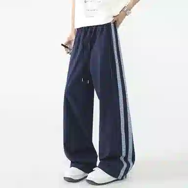 悍戈 复古潮流基础款美式宽松中腰系带格纹撞色拼接时尚格纹阔腿休闲裤 男女同款