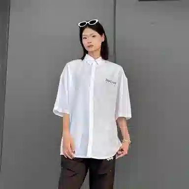 星际者 基础款简约纯色五分袖衬衫休闲宽松直筒垂感长裤衬衫套装 男女同款