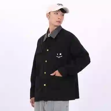星际者 美式简约笑脸基础多口袋复古领子拼色舒适宽松百搭工装软牛仔夹克外套 男女同款