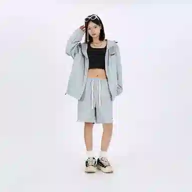 星际者 纯色字母印花连帽长袖卫衣中腰系带宽松五分休闲运动套装 男女同款
