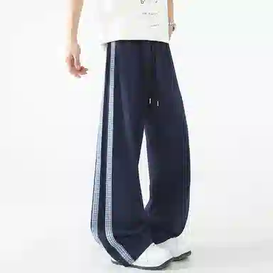 悍戈 复古潮流基础款美式宽松中腰系带格纹撞色拼接时尚格纹阔腿休闲裤 男女同款