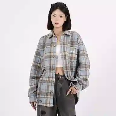 星际者 基础款美式高街简约复古毛呢格子宽松休闲透气百搭长袖小香风衬衫 男女同款