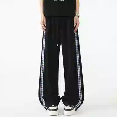 悍戈 复古潮流基础款美式宽松中腰系带格纹撞色拼接时尚格纹阔腿休闲裤 男女同款