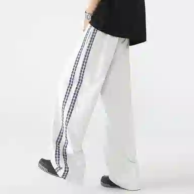 悍戈 复古潮流基础款美式宽松中腰系带格纹撞色拼接时尚格纹阔腿休闲裤 男女同款