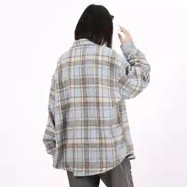 星际者 基础款美式高街简约复古毛呢格子宽松休闲透气百搭长袖小香风衬衫 男女同款