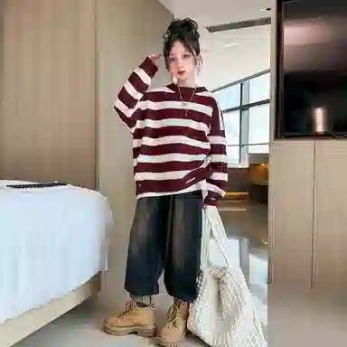 迷乐童堡 童装 洋气儿童加厚打底衫女大童秋冬条纹套头针织衫 女童 酒红色