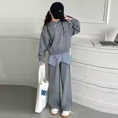 迷乐童堡休闲运动套装 洋气时髦半拉链假两件卫衣长裤两件套 儿童款