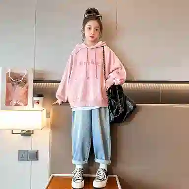 迷乐童堡 纯色印花连帽长袖卫衣 儿童款 粉色