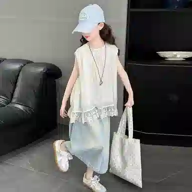迷乐童堡休闲运动套装 洋气时髦百搭亲肤拼接纯色无袖花边两件套 儿童款