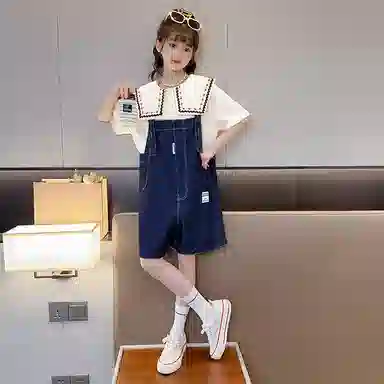 迷乐童堡休闲运动套装 时尚简约百搭短袖牛仔背带裤两件套 蓝色 儿童款