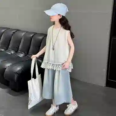 迷乐童堡休闲运动套装 洋气时髦百搭亲肤拼接纯色无袖花边两件套 儿童款