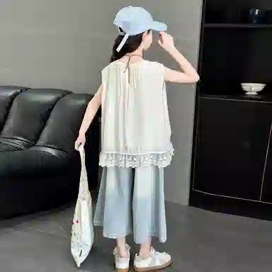 迷乐童堡休闲运动套装 洋气时髦百搭亲肤拼接纯色无袖花边两件套 儿童款