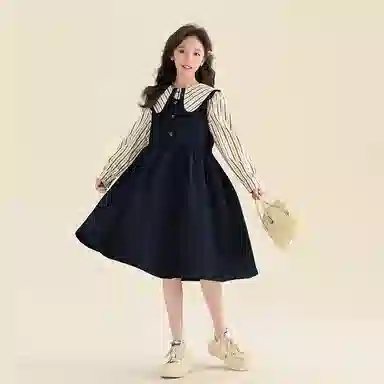青少年 迷乐童堡 娃娃领条纹撞色长袖上衣纯色无袖连衣裙裙装套装 藏青色