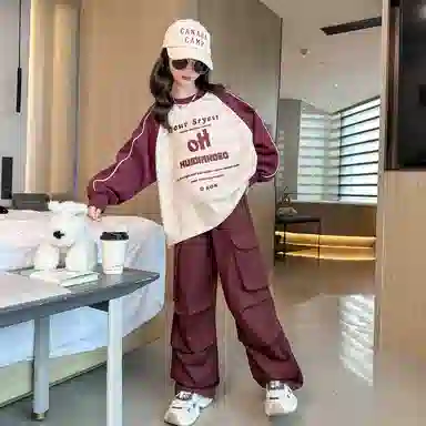 迷乐童堡 网红洋气休闲运动套装 儿童款 酒红色