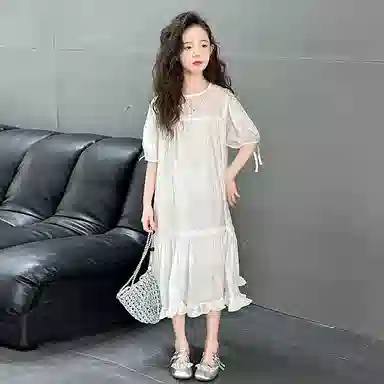 迷乐童堡连衣裙 百搭亲肤圆领潮流洋气时髦短袖 白色 儿童款