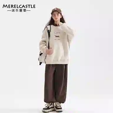 迷乐童堡卫衣 加绒厚款保暖卡通动漫假两件半高领长袖 杏灰色 青少年