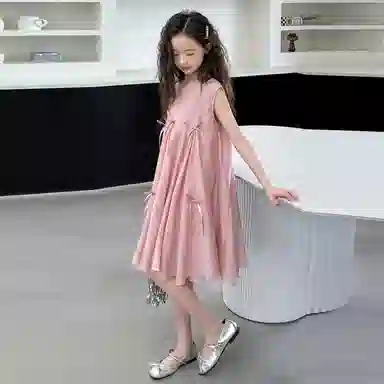 迷乐童堡连衣裙 洋气时髦休闲甜美纯色蝴蝶结无袖 儿童款