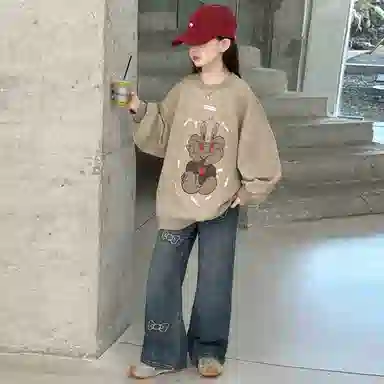 迷乐童堡休闲运动套装 洋气时髦卡通兔子圆领卫衣蝴蝶结牛仔裤两件套 儿童款