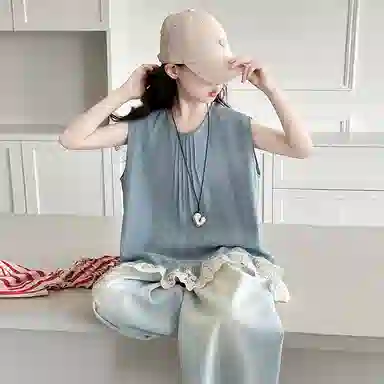 迷乐童堡休闲运动套装 洋气时髦百搭亲肤拼接纯色无袖花边两件套 儿童款