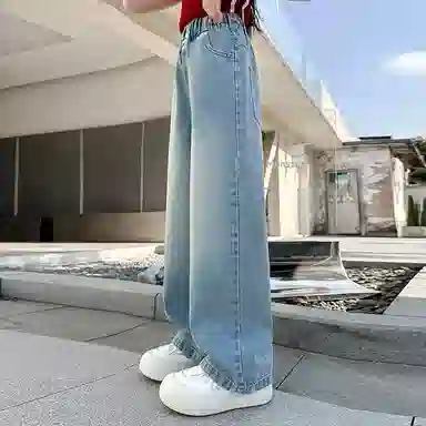 迷乐童堡牛仔裤 高腰显瘦阔腿直筒 蓝色 青少年