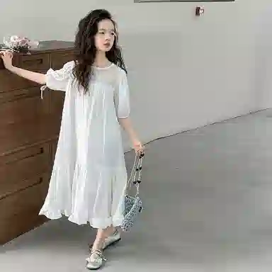 迷乐童堡连衣裙 百搭亲肤圆领潮流洋气时髦短袖 白色 儿童款
