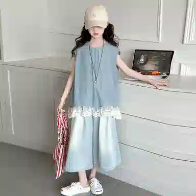 迷乐童堡休闲运动套装 洋气时髦百搭亲肤拼接纯色无袖花边两件套 儿童款