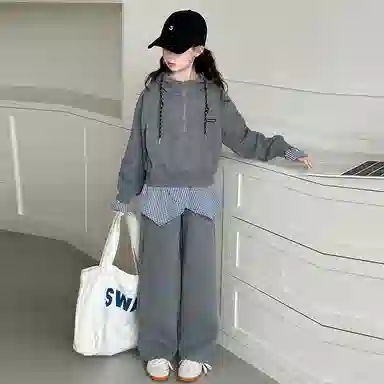 迷乐童堡休闲运动套装 洋气时髦半拉链假两件卫衣长裤两件套 儿童款
