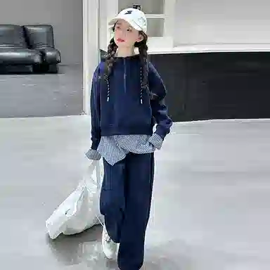 迷乐童堡休闲运动套装 洋气时髦半拉链假两件卫衣长裤两件套 儿童款