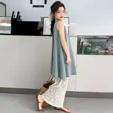 儿童款 迷乐童堡裙装套装 洋气时尚潮流无袖休闲牛仔蕾丝花边阔腿裤两件套 蓝色