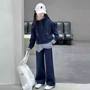迷乐童堡休闲运动套装 洋气时髦半拉链假两件卫衣长裤两件套 儿童款