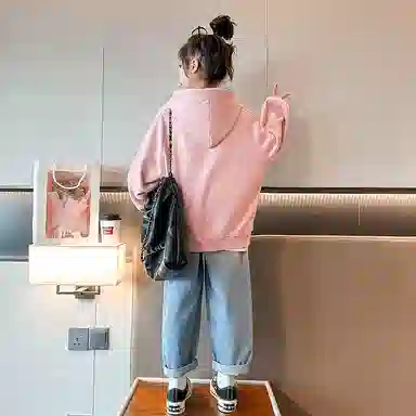 迷乐童堡 纯色印花连帽长袖卫衣 儿童款 粉色