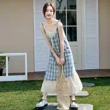 迷乐童堡连衣裙 洋气时髦休闲格纹吊带 蓝色 青少年