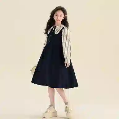 青少年 迷乐童堡 娃娃领条纹撞色长袖上衣纯色无袖连衣裙裙装套装 藏青色