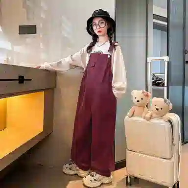 迷乐童堡 童装 字母圆领卫衣纯色休闲背带裤休闲运动套装 女童 酒红色