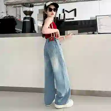 迷乐童堡牛仔裤 高腰显瘦阔腿直筒 蓝色 青少年