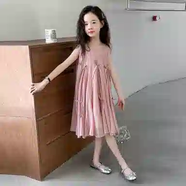 迷乐童堡连衣裙 洋气时髦休闲甜美纯色蝴蝶结无袖 儿童款
