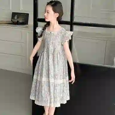 迷乐童堡连衣裙 舒适亲肤短袖洋气休闲碎花 蓝色 儿童款