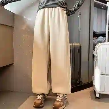 青少年款 迷乐童堡 纯色松紧腰宽松直筒休闲裤 儿童款 奶杏色