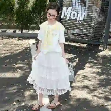 儿童款 迷乐童堡裙装套装 洋气时髦字母条纹披肩短袖套裙两件套
