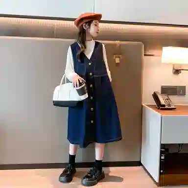 迷乐童堡 连衣裙春季洋气裙子女大童时髦春秋背带裙装套装 儿童款 蓝色