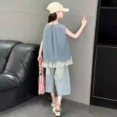 迷乐童堡休闲运动套装 洋气时髦百搭亲肤拼接纯色无袖花边两件套 儿童款
