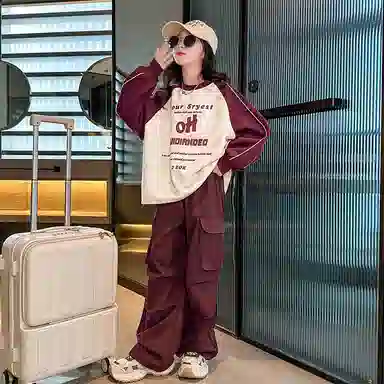 迷乐童堡 网红洋气休闲运动套装 儿童款 酒红色