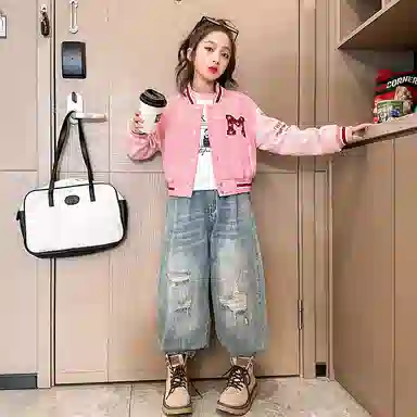 迷乐童堡 童堡 字母单排扣休闲长袖棒球服外套 女童 粉色