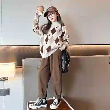 迷乐童堡 洋气女孩加厚女大童高领针织衫 儿童款 卡其色